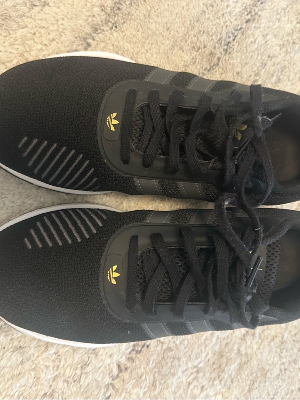 adidas Black Athletic Shoes with White Sole and Yellow Logo